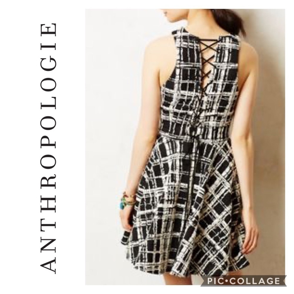 Maeve Corset Back Grid Print Fit & Flare Dress Small Black Ivory White